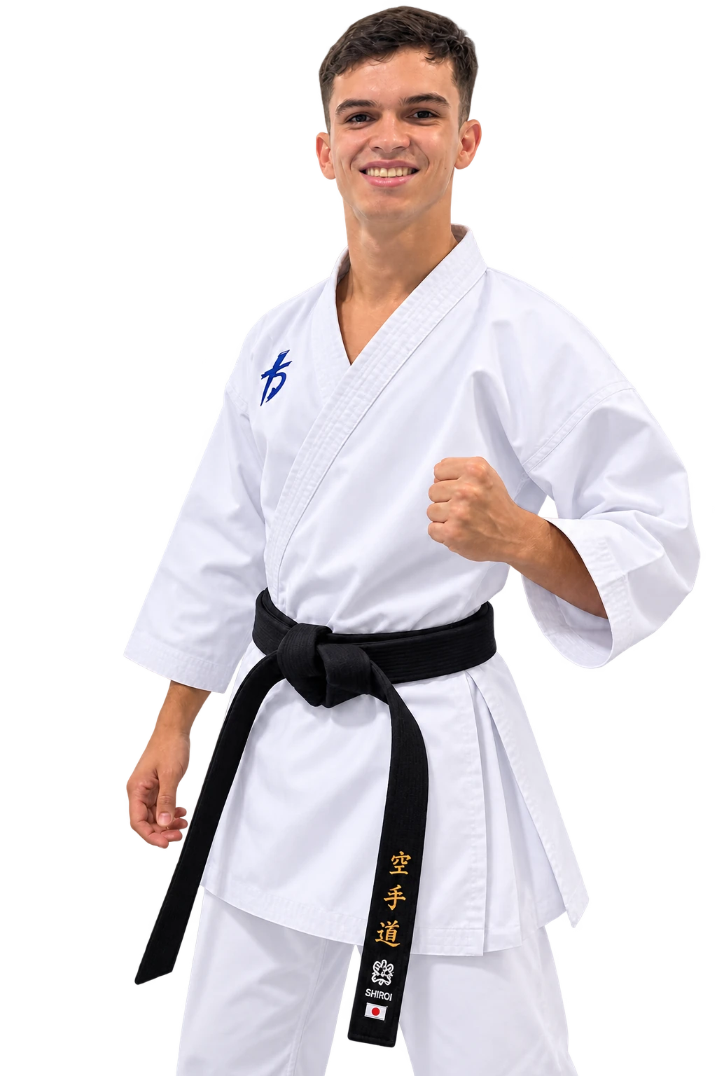Gustavo Maggi com kimono branco e faixa-preta de karatê