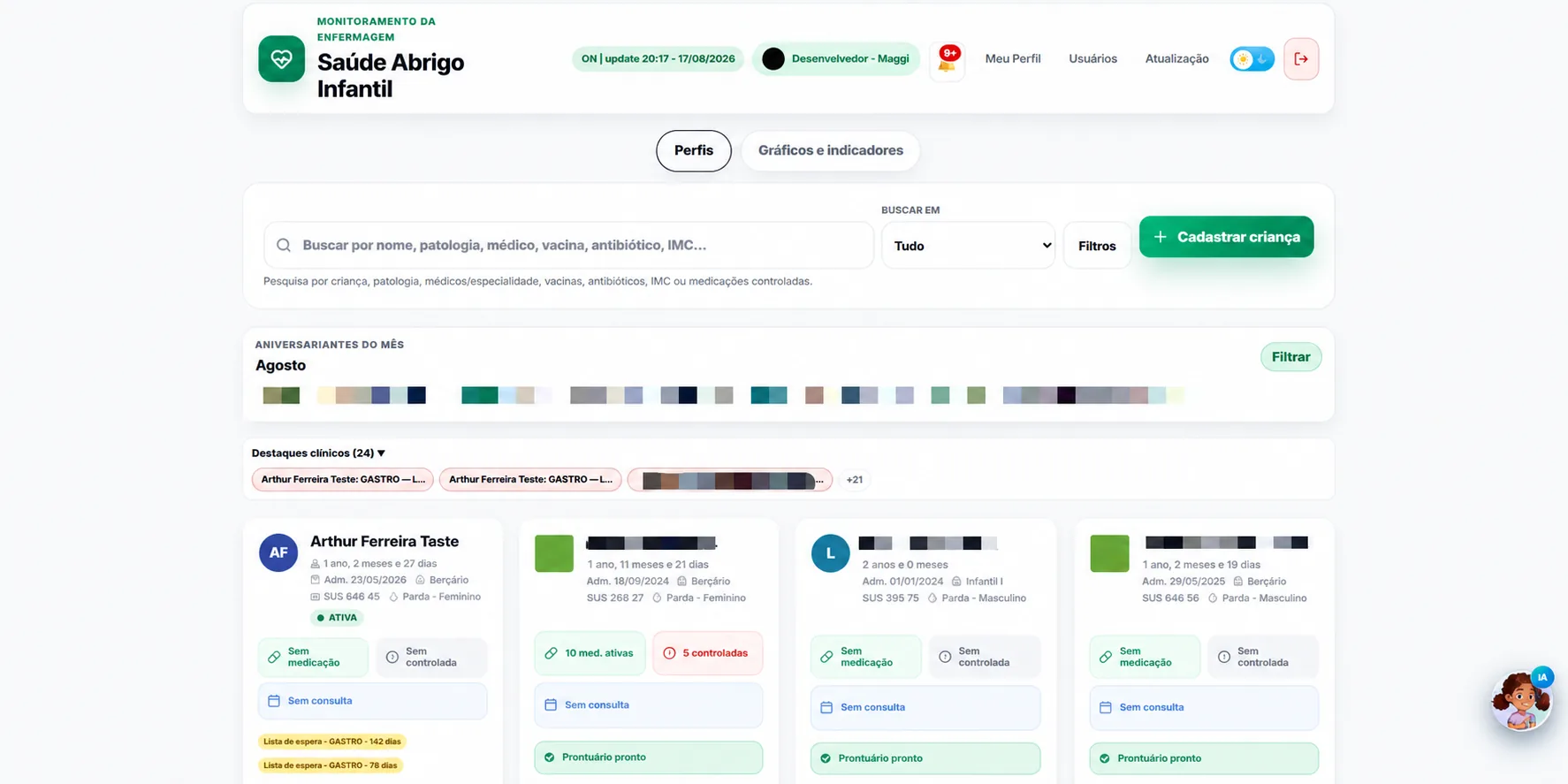 Dashboard da plataforma Saúde Abrigo Infantil