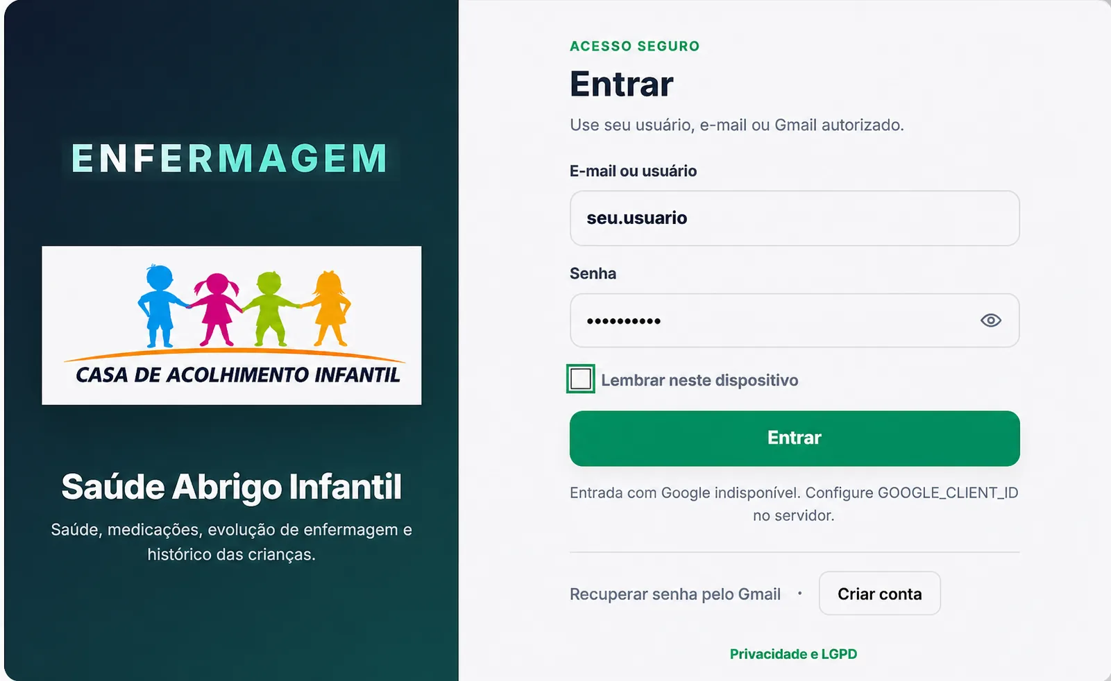 Tela de acesso seguro